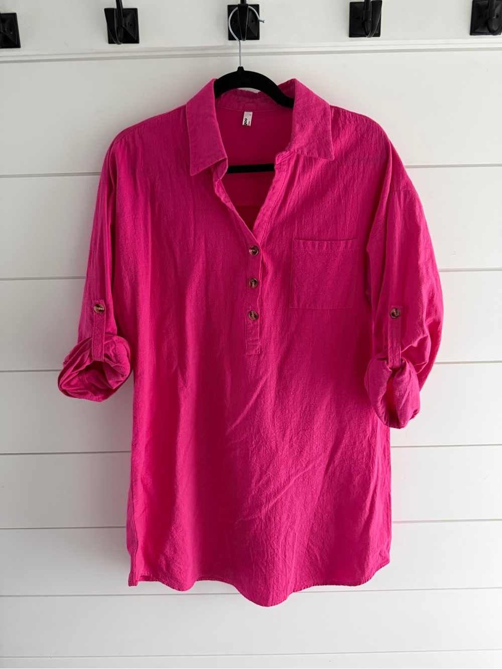 Zeagoo Hot Pink Buttoned Roll-Sleeve Tunic Dress, Size Large - Picture 1 of 7